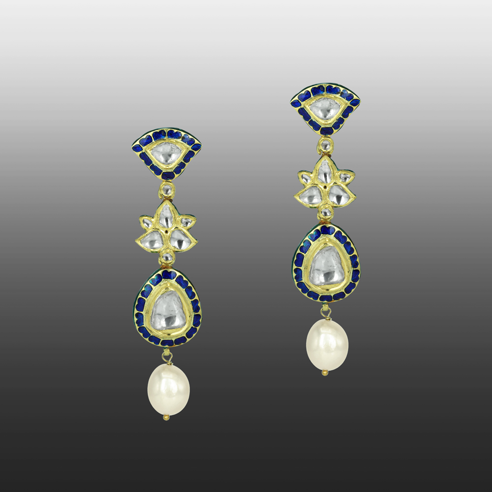 Teardrop Polki Earrings with Deep Blue Enamel